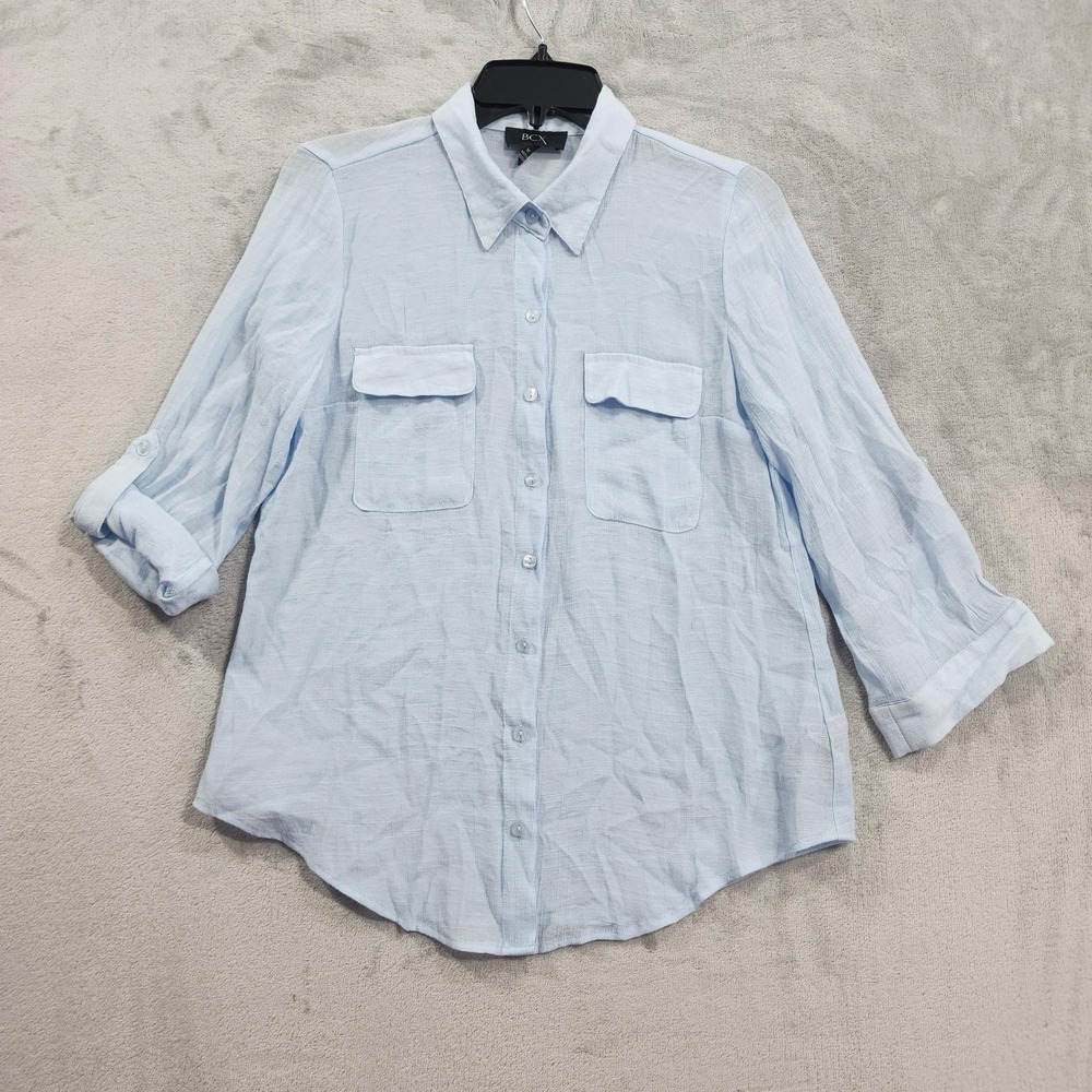 BCX Top Womens M Blue Cotton Collared Button Front Roll Tab 3/4 Sleeve Casual